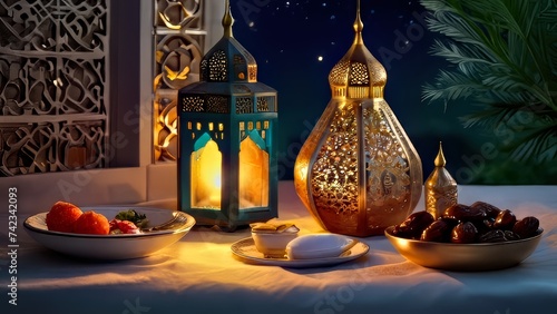 Ramadan iftar with dates, ramadan lantern evening light ai generated image (ID: 742342093)