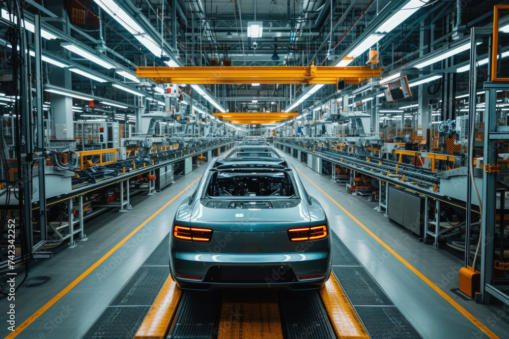 Automotive assembly line technology of robotic manufacturing, yellow robotic arms work in harmony, meticulously assembling a line of luxury cars, manufacturing, automotive industry innovation Automotive assembly line technology of robotic manufacturing, yellow robotic arms work in harmony, meticulously assembling a line of luxury cars, manufacturing, automotive industry innovation