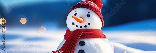 Winter holiday christmas background banner - Closeup of cute funny laughing snowman with wool hat and scarf, on snowy snow snowscape with bokeh lights  © Kseniya Ananko