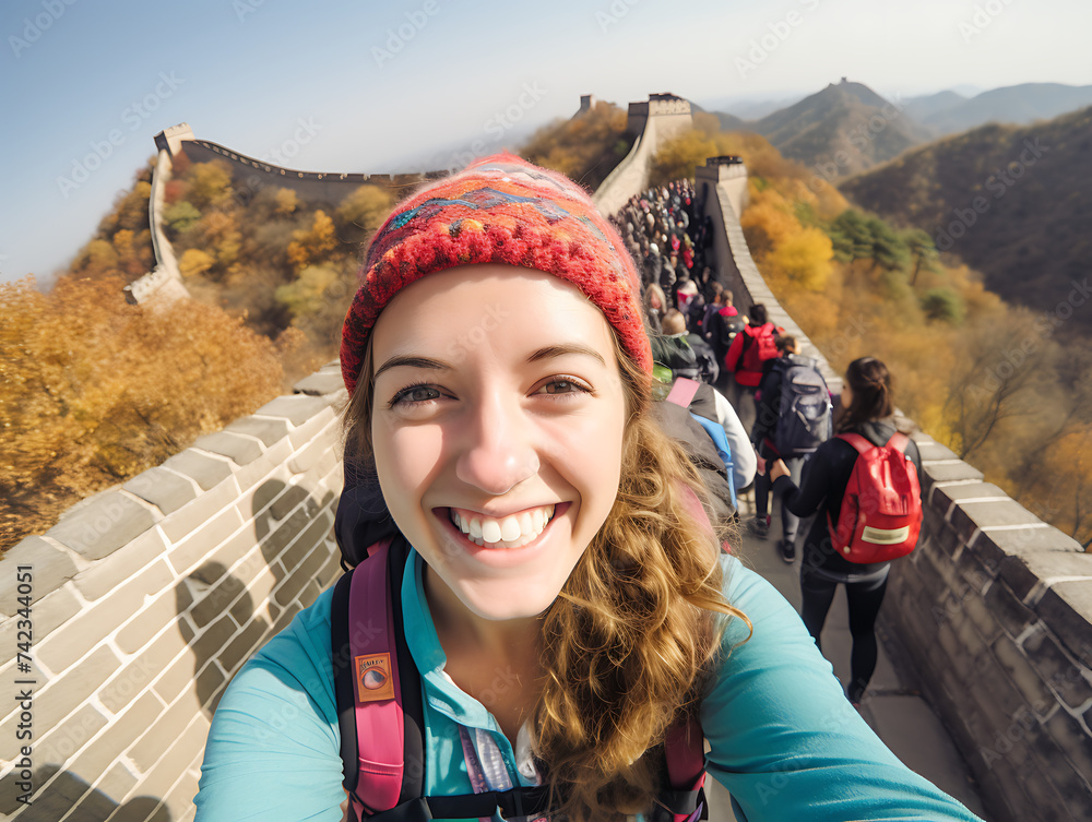 Happy tourist taking selfie with landmarks, world travel concept.