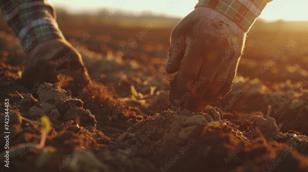Expert female farmer collects soil and checks soil health before planting vegetable seeds or seedlings. - obrazy, fototapety, plakaty 