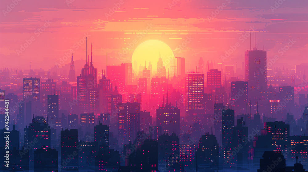 Embark on a journey through the pixelated expanse of a retro-futuristic cityscape, where skyscrapers shimmer in a nostalgic glow.