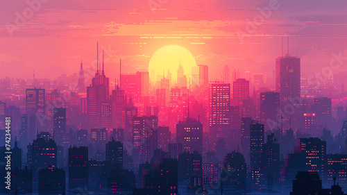 Embark on a journey through the pixelated expanse of a retro-futuristic cityscape, where skyscrapers shimmer in a nostalgic glow.