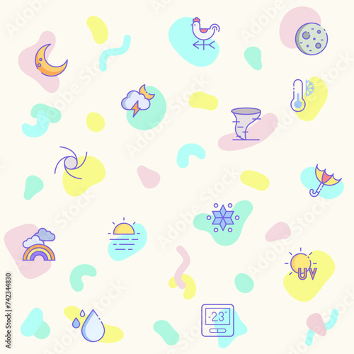 Vector illustration of a cute weather and weather cast. Collection of sunny  partly sunny  raining  snowing  cloudy  rainbow  weather forecast  rain and other elements. Isolated on beige.