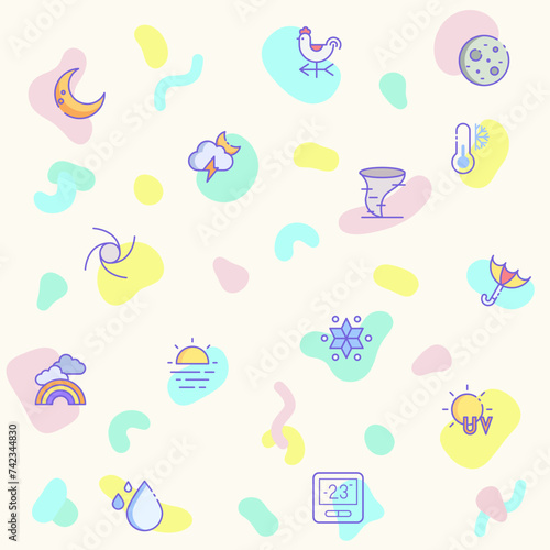 Vector illustration of a cute weather and weather cast. Collection of sunny, partly sunny, raining, snowing, cloudy, rainbow, weather forecast, rain and other elements. Isolated on beige.