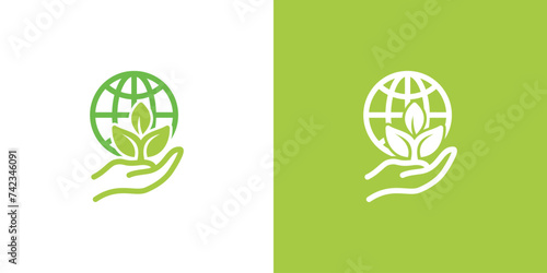 Modern and simple ecological Ball Design Template with hands and plants. logo of environment and green movement in line style. green globe logo. green world. green earth