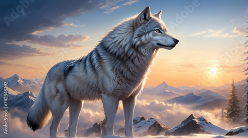 Silver wolf in the snow with mountain background illustration Generative Ai 