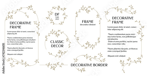 Set of decorative borders, frames, monograms. Graphic design page. Leafy pattern.