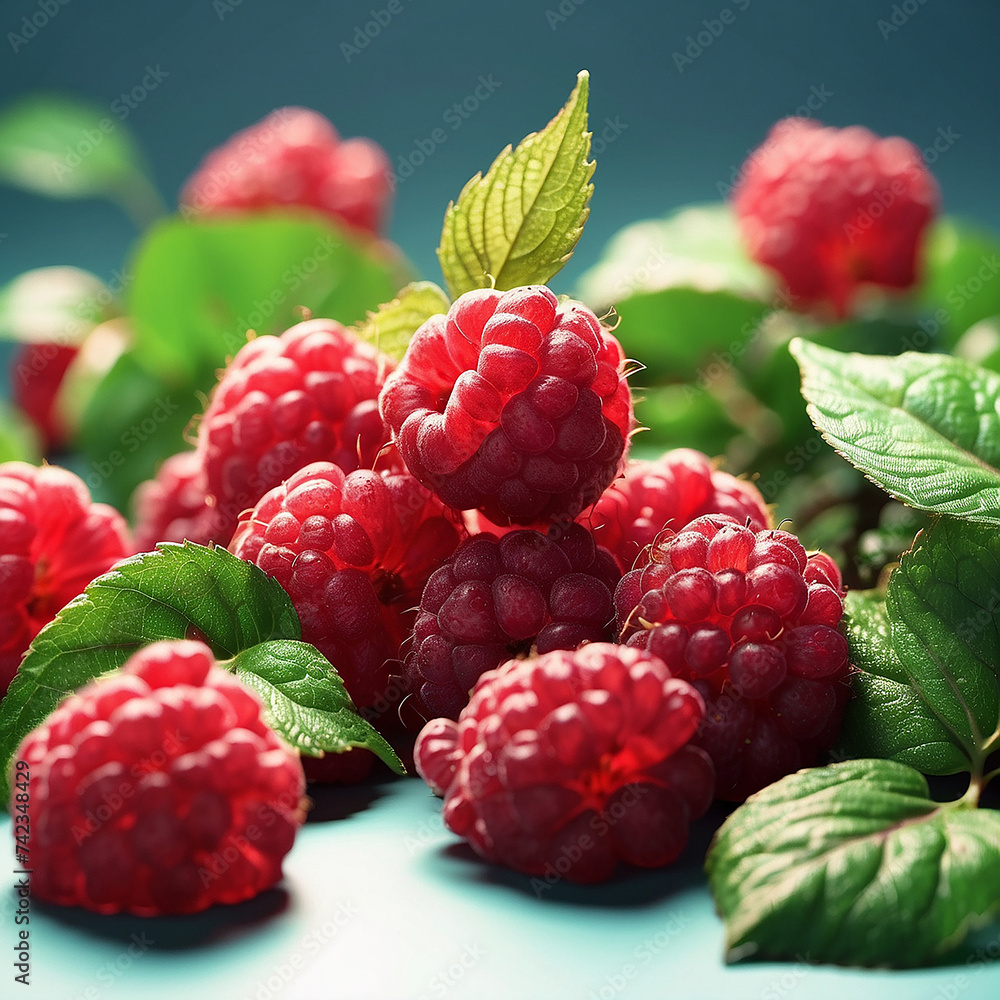 A Ripe red raspberries with green leaves, generative AI A Ripe red raspberries with green leaves, generative AI