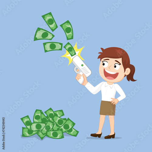 A rich woman with cash spray gun. Money gun shooter.Flat, Vector, Illustration, Cartoon, EPS10.
