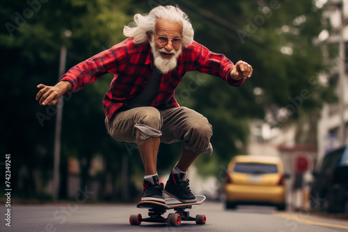 an elderly man taking advantage of life going down a city street at full speed on a skateboard
