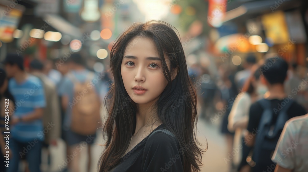 Obraz premium A young Korean tourist standing out in a crowded street