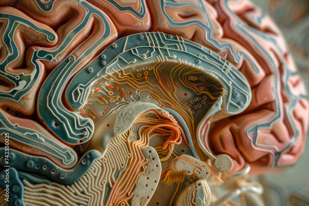 showcases a detailed model of a human brain, where the organic ...