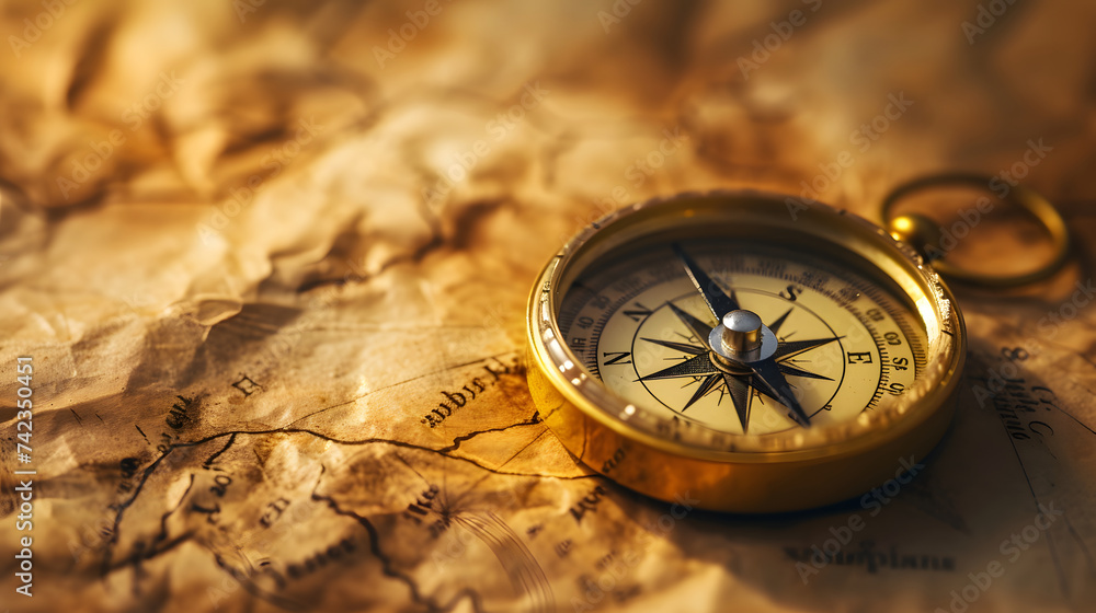 Vintage Compass on Ancient Map Exploration and Adventure Concept