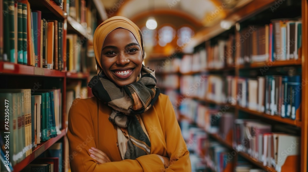 Muslim female student standing and smiling in the library Muslim female student standing and smiling in the library