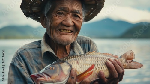 A smiling elderly fisherman holds a tilapia with a lake in the background.
