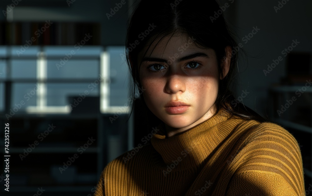A close-up shot of a person of multiracial descent wearing a cozy sweater A close-up shot of a person of multiracial descent wearing a cozy sweater
