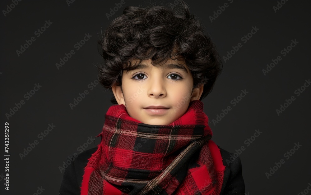 A young boy wearing a vibrant red and black plaid scarf around his neck A young boy wearing a vibrant red and black plaid scarf around his neck