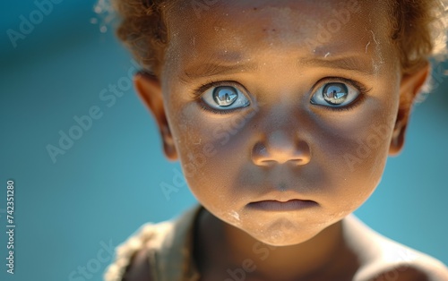 A close-up view of a childs face with striking blue eyes, showcasing the beauty of diversity and innocence