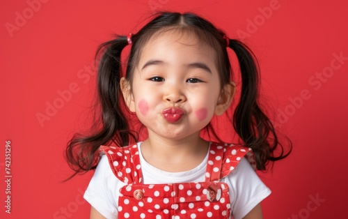 A young girl with a multiethnic background wearing a red polka dot dress pulls a silly expression for the camera