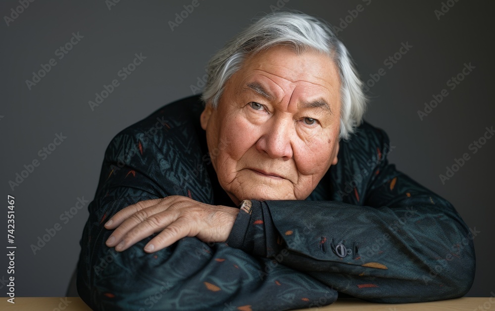 An older man of mixed ethnicity leaning his head on a table in a contemplative pose An older man of mixed ethnicity leaning his head on a table in a contemplative pose