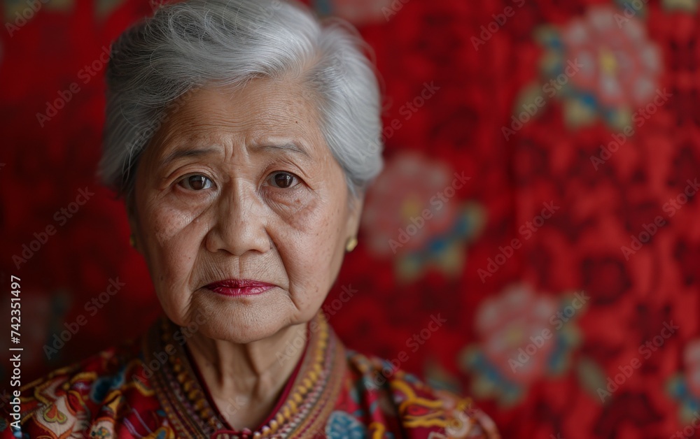 A portrait of an elderly woman with grey hair standing against a vibrant red background A portrait of an elderly woman with grey hair standing against a vibrant red background