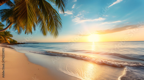 Idyllic Tropical Beach Sunset with Palm Trees and Ocean Waves