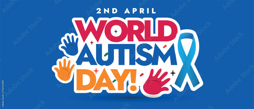 World Autism Day. 2nd April World Autism day celebration banner with colour full text and puzzle pieces and blue ribbon. Autism day awareness banner in dark blue background. Accepting autistic people.