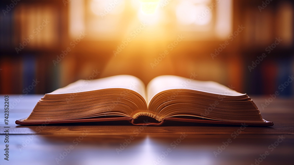 Open book on a wooden table with sunlight streaming in from the window behind Open book on a wooden table with sunlight streaming in from the window behind