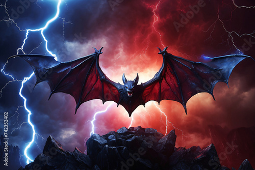 bat with lightning fantasy background with blue and red lighting photo