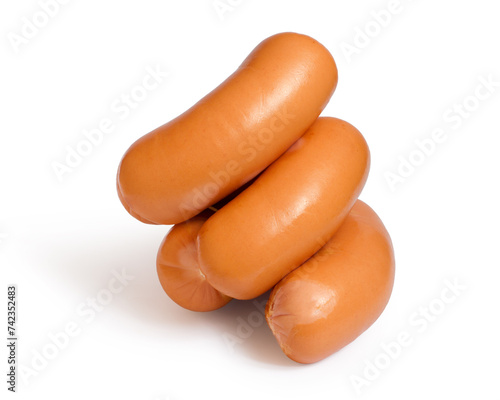 Pile of thick sausages on white background. Sausages isolated. With a shadow.