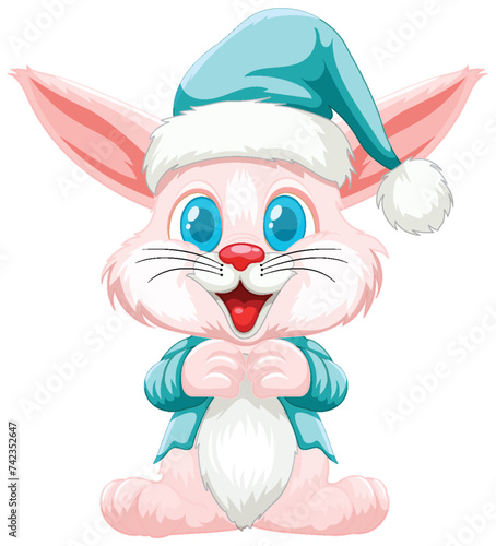Cute rabbit dressed in holiday attire, smiling joyfully.