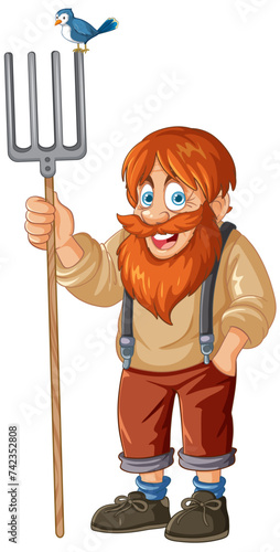 Smiling bearded farmer holding a pitchfork with bird.