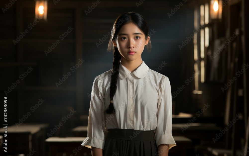 A multiracial woman is standing, wearing a white shirt and black skirt A multiracial woman is standing, wearing a white shirt and black skirt