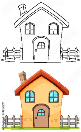 Vector illustration of a house, from sketch to color