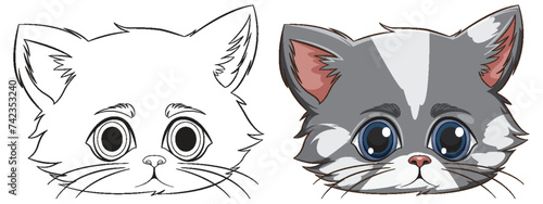 Vector art of a kitten, outlined and colored versions.