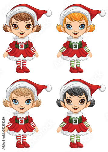 Four cartoon elves in festive Christmas attire.
