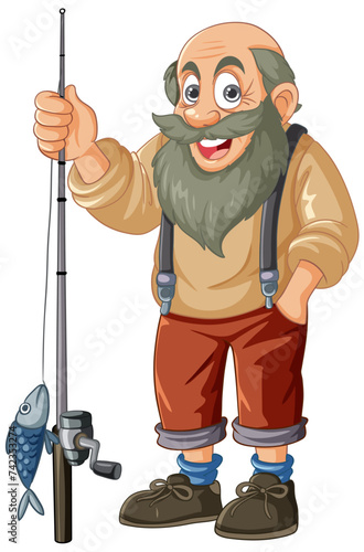 Cheerful old fisherman holding a fishing rod.