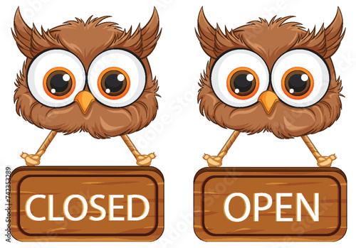 Two cartoon owls with signboards showing status