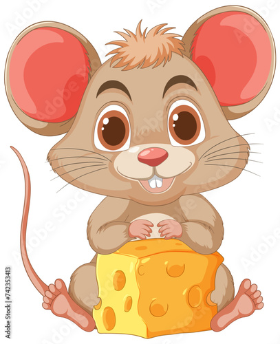 Adorable cartoon mouse holding a large cheese block