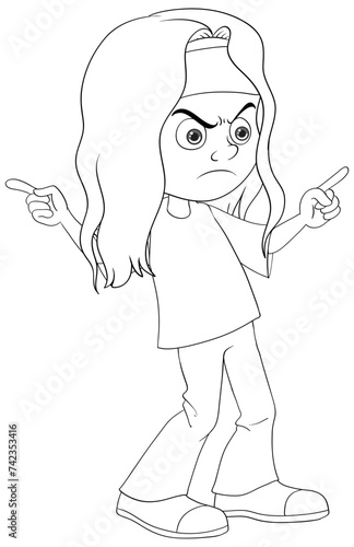 Cartoon girl with angry expression pointing both fingers.