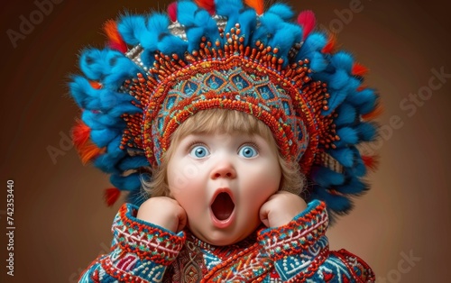 A young child of multiracial descent wearing a vibrant headdress, displaying a surprised facial expression