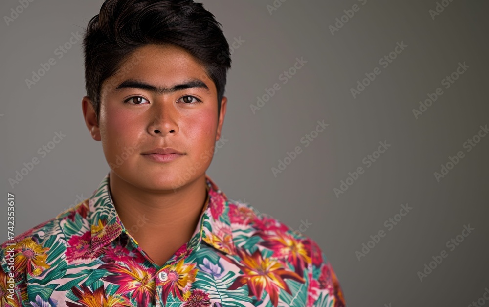 A young man of multiracial descent wears a vibrant, colorful shirt and gazes directly at the camera A young man of multiracial descent wears a vibrant, colorful shirt and gazes directly at the camera