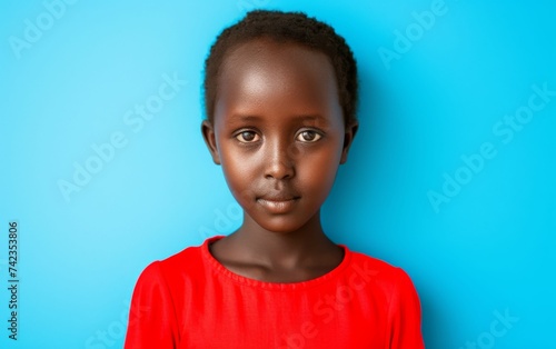A multiracial young girl with long hair wearing a red shirt posing for a portrait © imagineRbc