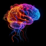 Vibrant Neon Brain with Glowing Synapse Connections on Dark Background. Artificial Intelligence, Technology, and Cognitive Science. Futuristic Cyber Style. AI Generative.