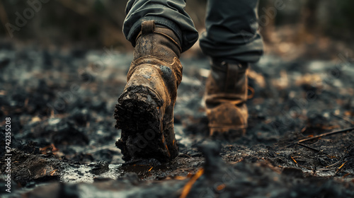 Muddy boots treading through a wet trail.