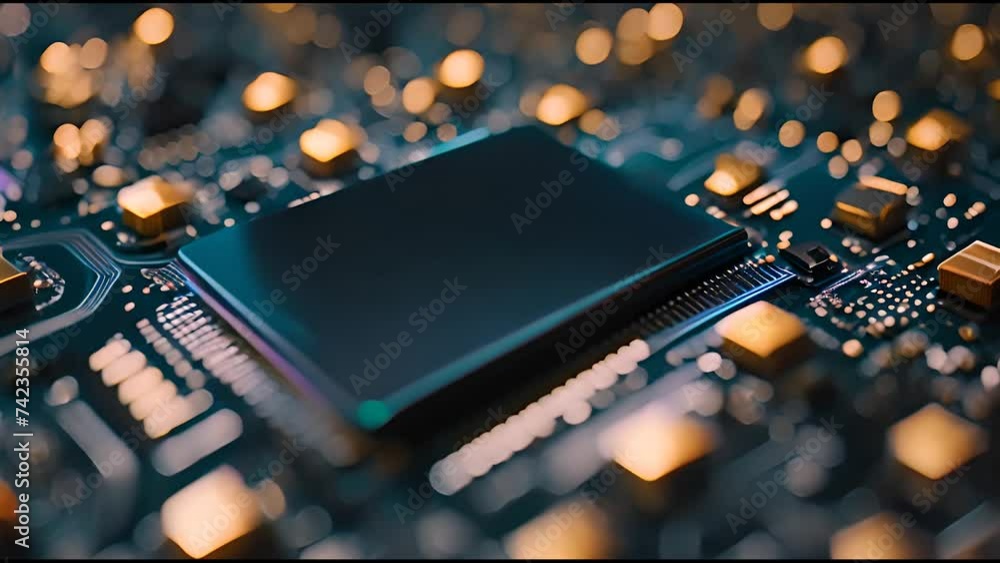 Tech animated background with micro chip, circuit and lighting effects