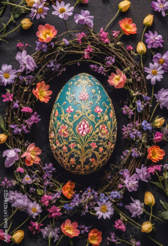 a amazing colorful easter egg and delicate little flowers, Art Deco, Barroco, Rococo, minimalistic photo