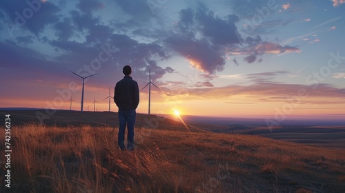 Man on a hill and looking at a wind farm in the sunset sky