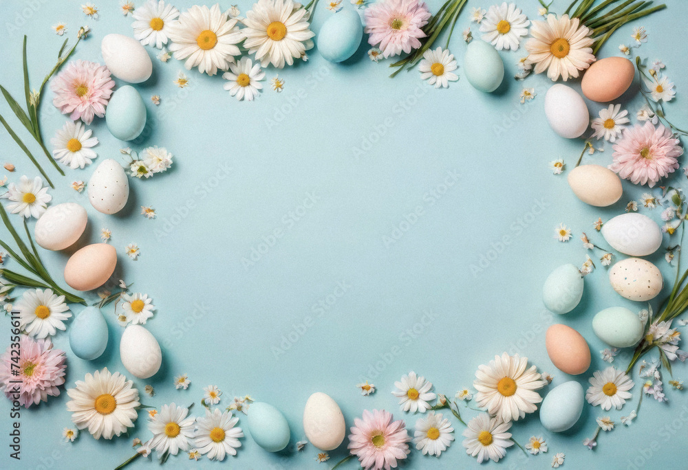 Lots of delicate flowers and painted Easter eggs, copy space for your inscription, minimalistic photo Lots of delicate flowers and painted Easter eggs, copy space for your inscription, minimalistic photo